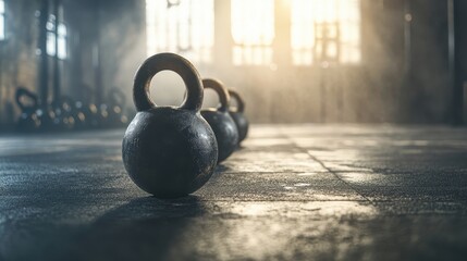 Kettlebells in Gym with Sunlight Streaming Through Windows