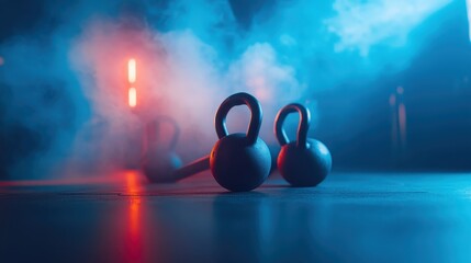 Kettlebells on Floor with Smoke and Blue Lighting in Gym Setting