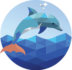 Low poly dolphin jumping out of ocean waves