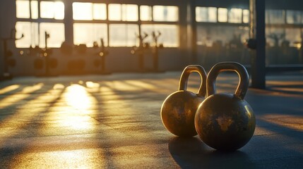 Kettlebells on Gym Floor with Natural Light Streaming Through Windows