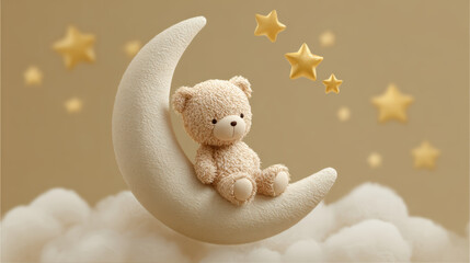 Cute teddy bear sitting on crescent moon surrounded by fluffy clouds and yellow stars, dreamy and soft nursery decor