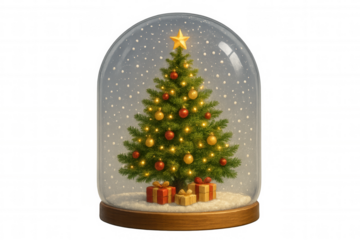 Christmas tree and gifts inside a snow globe, sparkling with lights and falling snow, celebrating holiday season