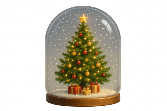 Christmas tree and gifts inside a snow globe, sparkling with lights and falling snow, celebrating holiday season