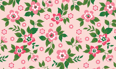 Pink Floral Seamless Pattern with Green Leaves