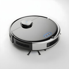 Fototapeta premium A sleek, modern, black and silver robotic vacuum cleaner with spinning brushes is shown from a slightly elevated angle on a white background.