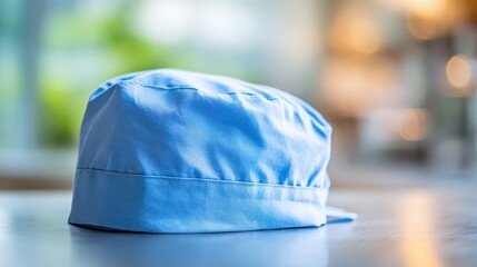 Light Blue Chef Hat on Wooden Table with Blurred Background