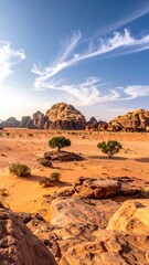 Fototapeta premium Desert landscape with sandstone mountains and sparse vegetation