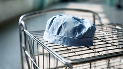 Light Blue Surgical Cap on a Metal Cart in a Clinical Environment