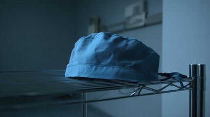 Light Blue Surgical Cap on Metal Shelf in Medical Environment