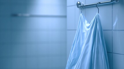 Light Blue Shower Curtain Hanging in Modern Bathroom Atmosphere