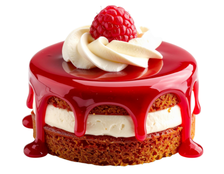 Raspberry Mini Cake with Red Glaze and Whipped Cream Topping, isolated on transparent background PNG