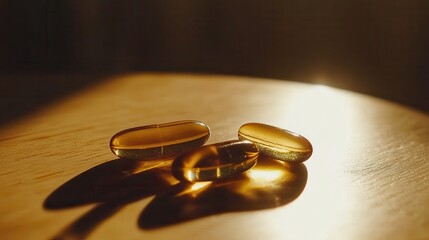 Light Glint on Transparent Capsules with Shadow on Wooden Surface