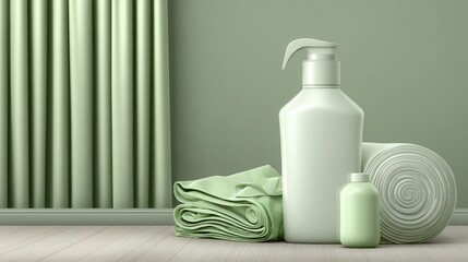 Light Green Bathroom Essentials with Towel and Shower Curtain