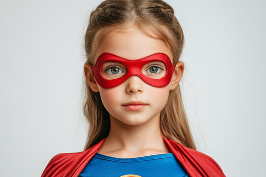 Young girl superhero with red mask and cape, confident expression, blue costume, studio portrait, childhood imagination