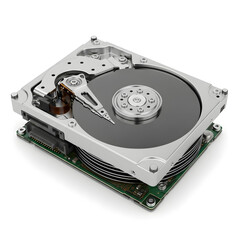 An open hard disk drive showing the internal components including platters, read/write heads, and circuit board.