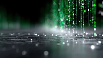 Abstract Green Code Matrix Falling on Dark Surface with Bokeh Effects and Subtle Reflections