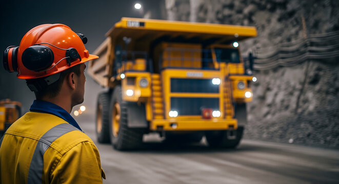 Mining engineer inspecting dump truck in underground mine tunnel today
