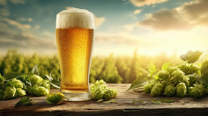 Glass of Beer with Hops at Sunset