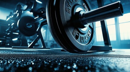 Low Angle View of Barbell on Gym Floor in Soft Blue Lighting