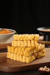 Fried Tofu Skewers on Wooden Board Studio Food Photography