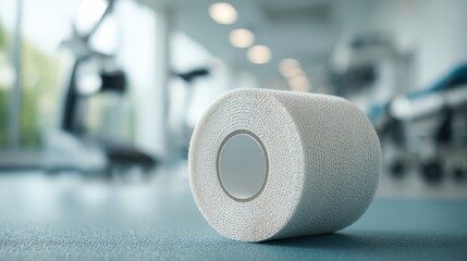 Medical adhesive bandage roll on gym floor for injury treatment