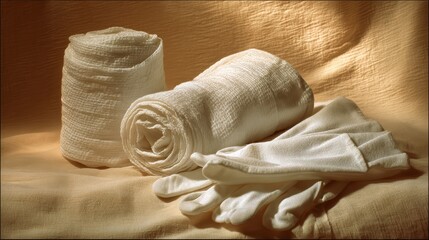 Medical Bandages and Protective Gloves on Soft Background