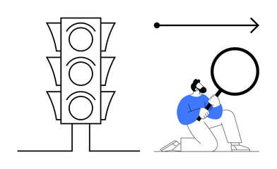 Traffic light with an arrow indicating direction and a man kneeling, using a magnifying glass for analysis. Ideal for decision-making, navigation, road safety, research, scrutiny, organization