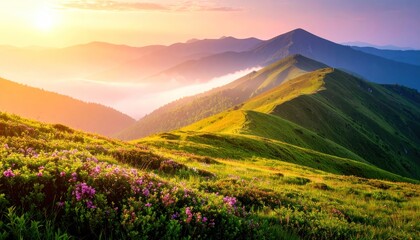 Mountain Range at Sunset with Majestic Landscape Scenery.
