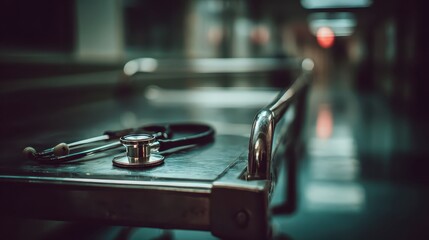 Medical Emergency Stethoscope on Hospital Gurney in Dark Corridor