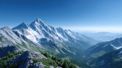 Snow Capped Mountain Peaks Underneath a Clear Blue Sky Above a Green Forest in a Bright Day