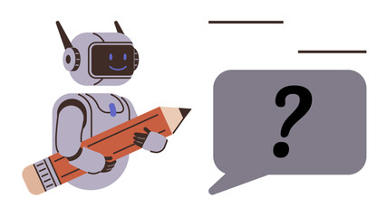 Smiling robot holding pencil, addressing chat bubble with question mark. Ideal for AI learning, content creation, automation, innovation, problem solving, creativity, education simple flat metaphor