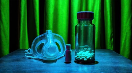 Medical Equipment and Pills on Table Under Green Curtain Light