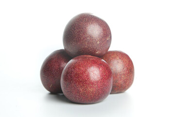 Fresh Red Plums with Golden Speckles on White Background - Healthy Organic Fruit