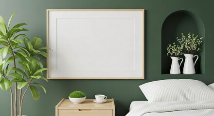 Minimalist Bedroom Mockup with Blank Frame and Green Accents