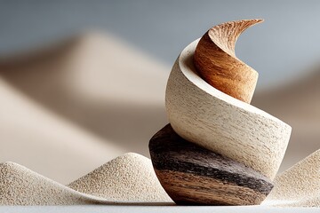 Swirling wooden sculpture on sand dunes spiral organic