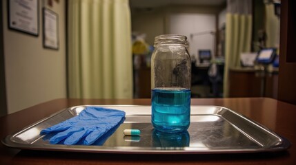 Medical Equipment and Supplies in Clinical Setting with Blue Liquid