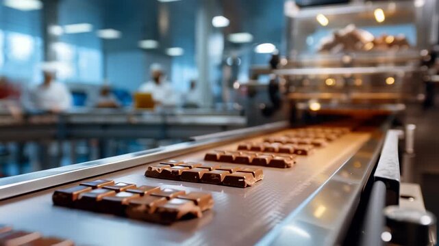 Chocolate bar production factory conveyor with workers creating sweet food products and warm light background scene
