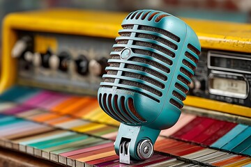 Teal microphone on colorful keyboard and yellow amplifier vintage
