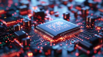 Closeup glowing microchip on electronic circuit board with red light technology computer hardware background