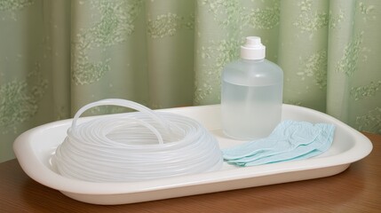 Medical Equipment Arrangement with Tubing, Bottle, and Cloths