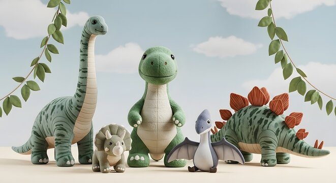 Plush Dinosaur Collection: Brachiosaurus, Triceratops, Tyrannosaurus, Pterodactyl, Stegosaurus, with Leafy Vines