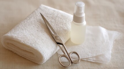 Medical Equipment for First Aid: Scissors, Cotton, Spray Bottle
