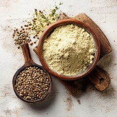 Wooden bowls with hemp flour and seeds on rustic table healthy organic food ingredient natural product