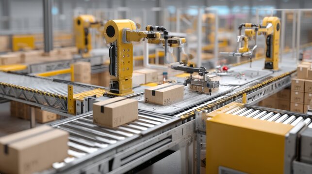 Automated Robotic Arm in Warehouse for Packaging Boxes