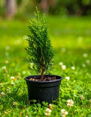 Small potted evergreen tree in grassy field