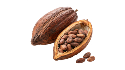 Cacao pod with cocoa beans inside isolated on transparent background