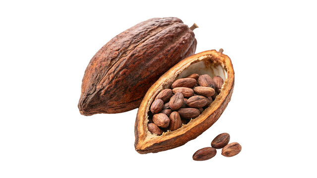 Cacao pod with cocoa beans inside isolated on transparent background