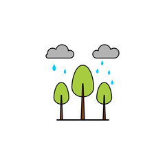 Simple illustration of three green trees under gray clouds with blue raindrops falling, isolated on a white background.