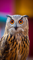 Fototapeta premium Owl staring with big yellow eyes in front of colorful background. 
