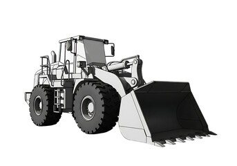 Illustration of a modern frontend loader construction vehicle with a large bucket, isolated on a transparent background, representing heavy machinery on transparent background